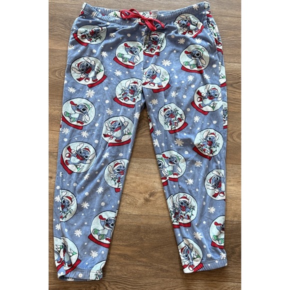 Disney Other - Disney Stitch Christmas Snowglobe Pajama Pants Sz XL Soft Snow Lights Hat Happy